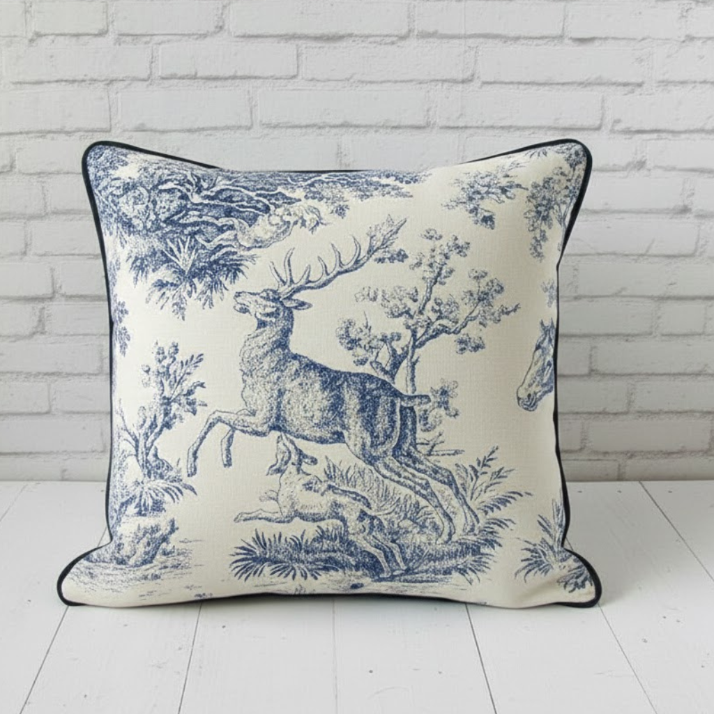 Blue Toile Deer Cushion Cover – 16x16"