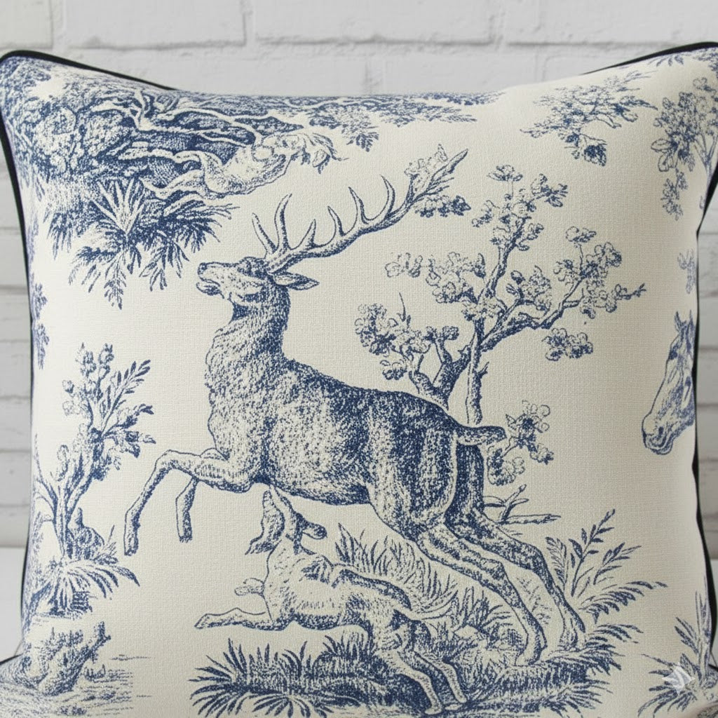 Blue Toile Deer Cushion Cover – 16x16"